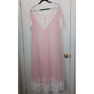 VTG 50s 60s Sheer Nylon Peignoir Robe Small Pink White Lace S/S Romantic Retro
